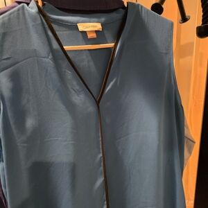 CALVIN KLEIN Collection Blue V-Neck Sleeveless Shell with Black Trim